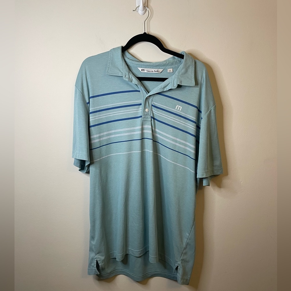 Travis Mathew Sage Green Blue Striped Men’s Polo Shirt Golf